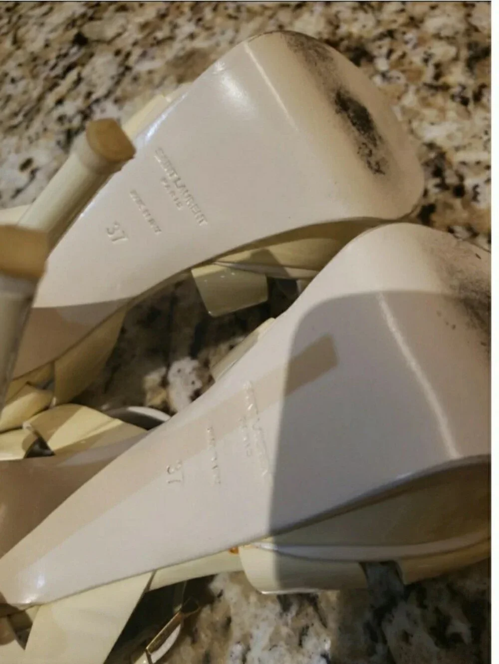 Saint Laurent YSL Tribute Ivory Patent Leather Platform T-Strap Sandals - Picture 7 of 8